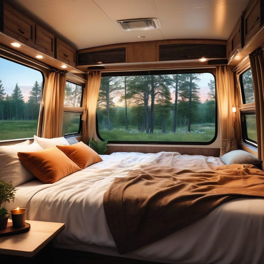 A cozy RV interior showcasing a beautifully arranged bedroom with a luxurious high-quality mattress, soft warm lighting illuminating the space, surrounded by nature through large windows. Include personal touches like pillows, travel books, and a serene outdoor view suggesting the freedom of road trips. Emphasize comfort and adventure. super-realistic. vibrant colors. warm lighting.