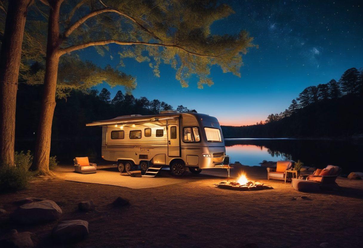 A serene outdoor campsite scene featuring a luxurious RV parked near a tranquil lake, with plush bedding elegantly spread out under a canopy of stars. Soft, warm lighting accentuates the bedding, surrounded by glowing lanterns and cozy pillows, creating an inviting atmosphere. Nearby, an open fire pit with friends enjoying the night enhances the luxurious yet relaxed vibe of the camping experience. super-realistic. vibrant colors. night setting.