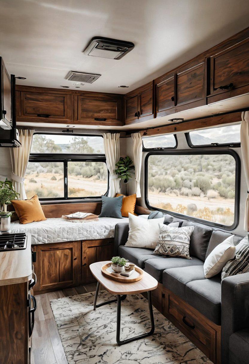 A cozy, luxurious RV interior showcasing an elegantly made bed with premium bedding, plush pillows, and soft throws. Sunlight filters through large windows, illuminating the space filled with warm wood accents, potted plants, and a captivating view outside. A travel-themed decor hints at adventures to come, including a neatly organized bookshelf and a stylish coffee table. Evoke a sense of comfort and relaxation that embodies the ultimate road trip experience. super-realistic. vibrant colors. 3D.